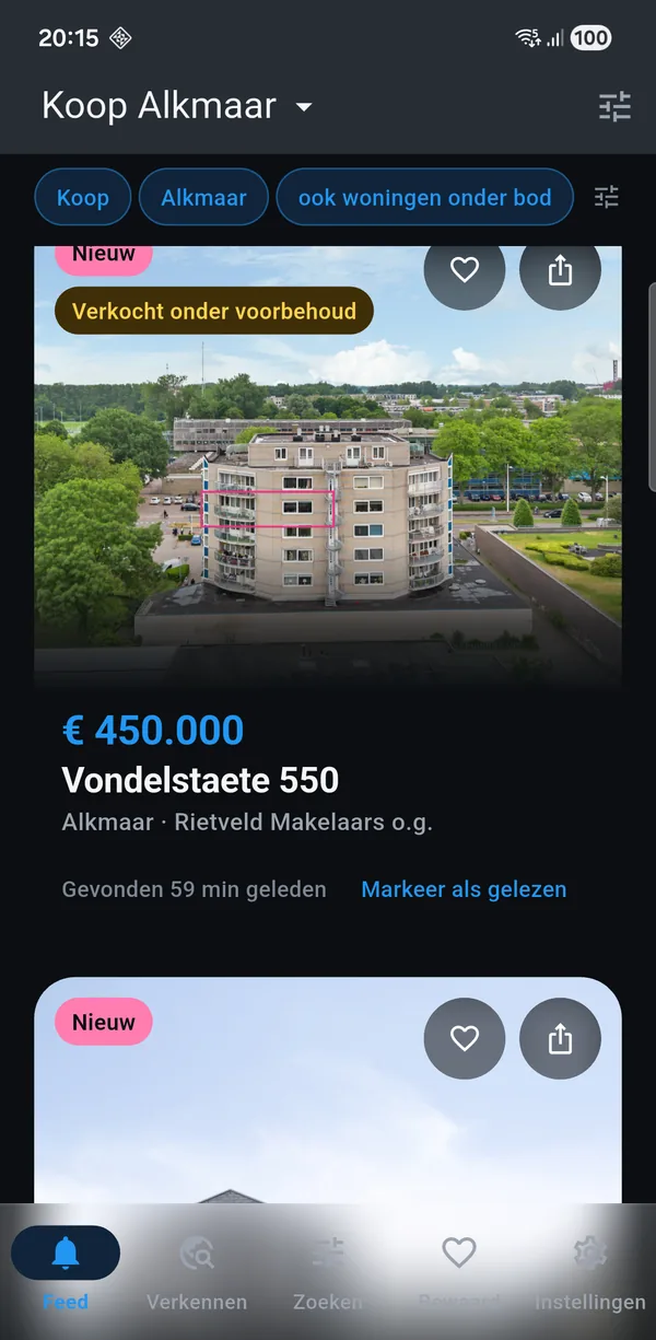 De app met een koop-zoekopdracht voor Alkmaar: nieuwe woningen met vraagprijs, oppervlakte en het aantal kamers.