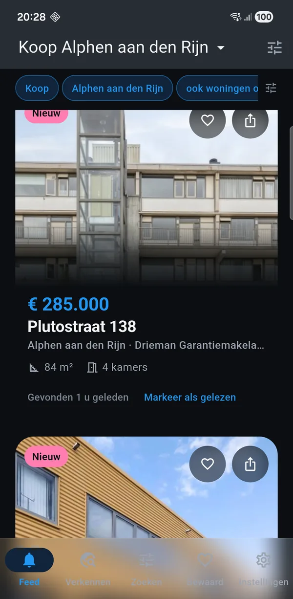 De app met een koop-zoekopdracht voor Alphen aan den Rijn: nieuwe woningen met vraagprijs, oppervlakte en het aantal kamers.