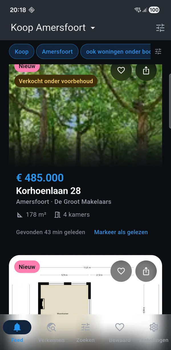 De app met een koop-zoekopdracht voor Amersfoort: nieuwe woningen met vraagprijs, oppervlakte en het aantal kamers.
