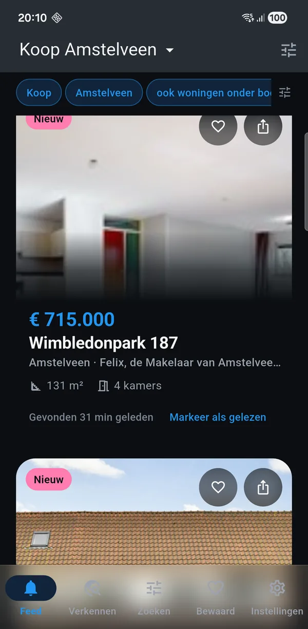 De app met een koop-zoekopdracht voor Amstelveen: nieuwe woningen met vraagprijs, oppervlakte en het aantal kamers.