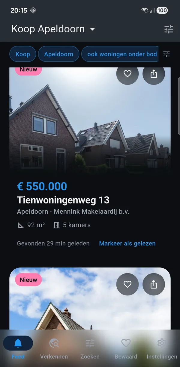 De app met een koop-zoekopdracht voor Apeldoorn: nieuwe woningen met vraagprijs, oppervlakte en het aantal kamers.