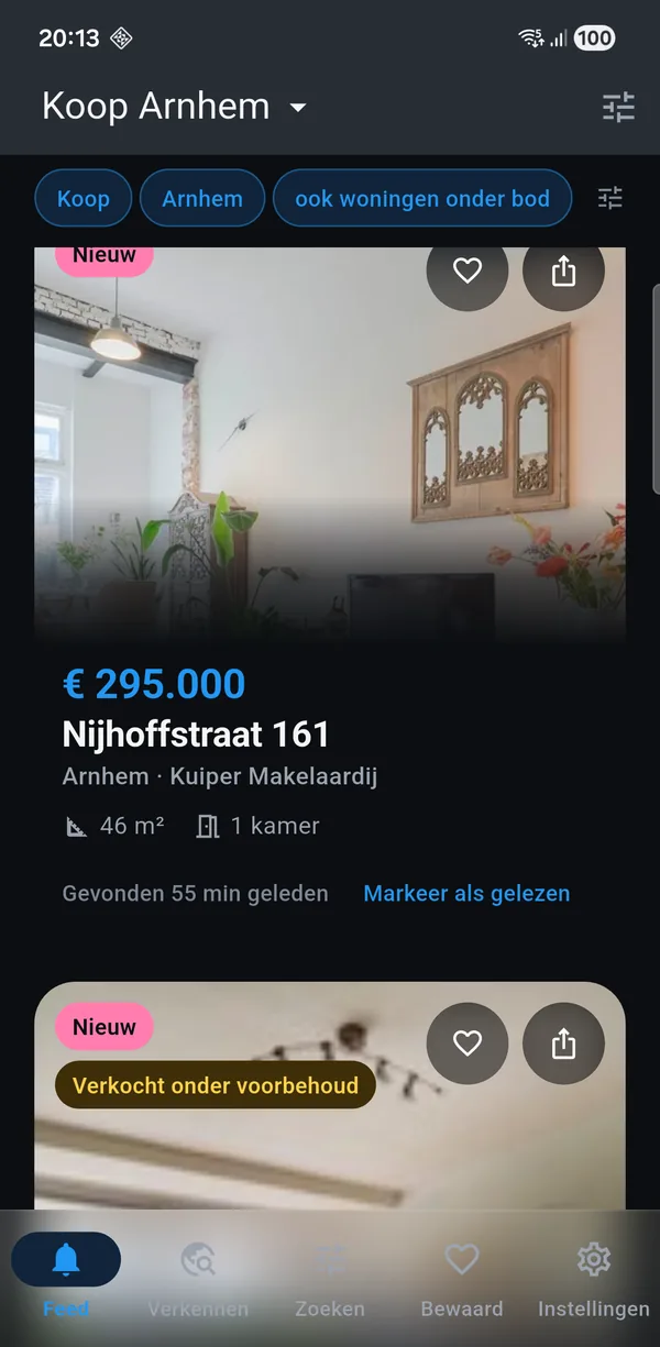 De app met een koop-zoekopdracht voor Arnhem: nieuwe woningen met vraagprijs, oppervlakte en het aantal kamers.