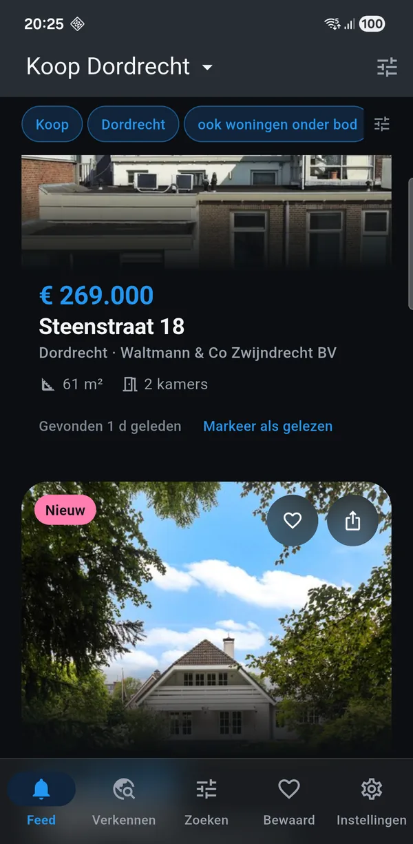 De app met een koop-zoekopdracht voor Dordrecht: nieuwe woningen met vraagprijs, oppervlakte en het aantal kamers.