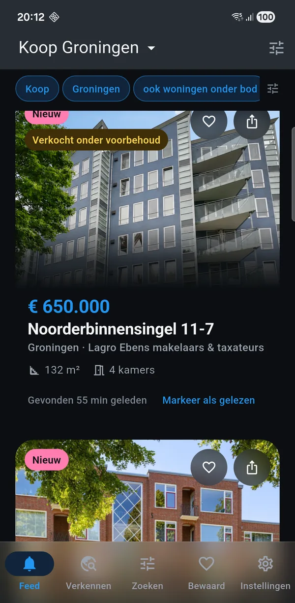 De app met een koop-zoekopdracht voor Groningen: nieuwe woningen met vraagprijs, oppervlakte en het aantal kamers.
