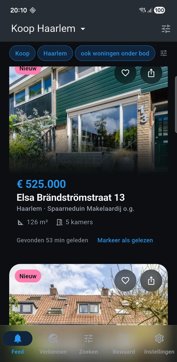 De app met een koop-zoekopdracht voor Haarlem: nieuwe woningen met vraagprijs, oppervlakte en het aantal kamers.