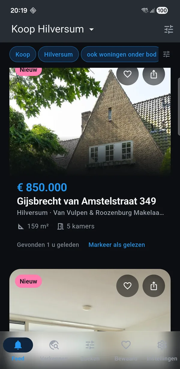 De app met een koop-zoekopdracht voor Hilversum: nieuwe woningen met vraagprijs, oppervlakte en het aantal kamers.