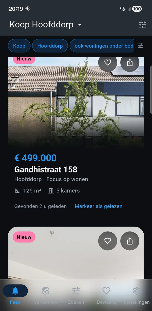 De app met een koop-zoekopdracht voor Hoofddorp: nieuwe woningen met vraagprijs, oppervlakte en het aantal kamers.