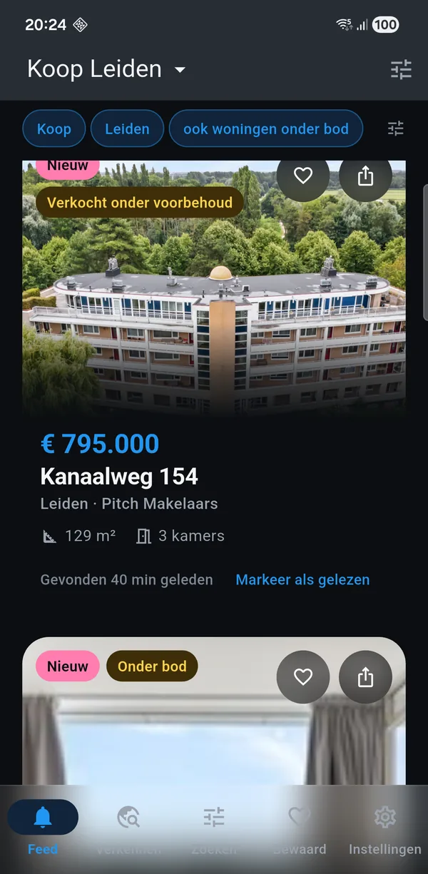De app met een koop-zoekopdracht voor Leiden: nieuwe woningen met vraagprijs, oppervlakte en het aantal kamers.