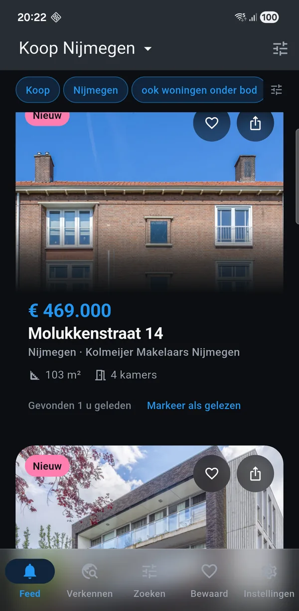 De app met een koop-zoekopdracht voor Nijmegen: nieuwe woningen met vraagprijs, oppervlakte en het aantal kamers.