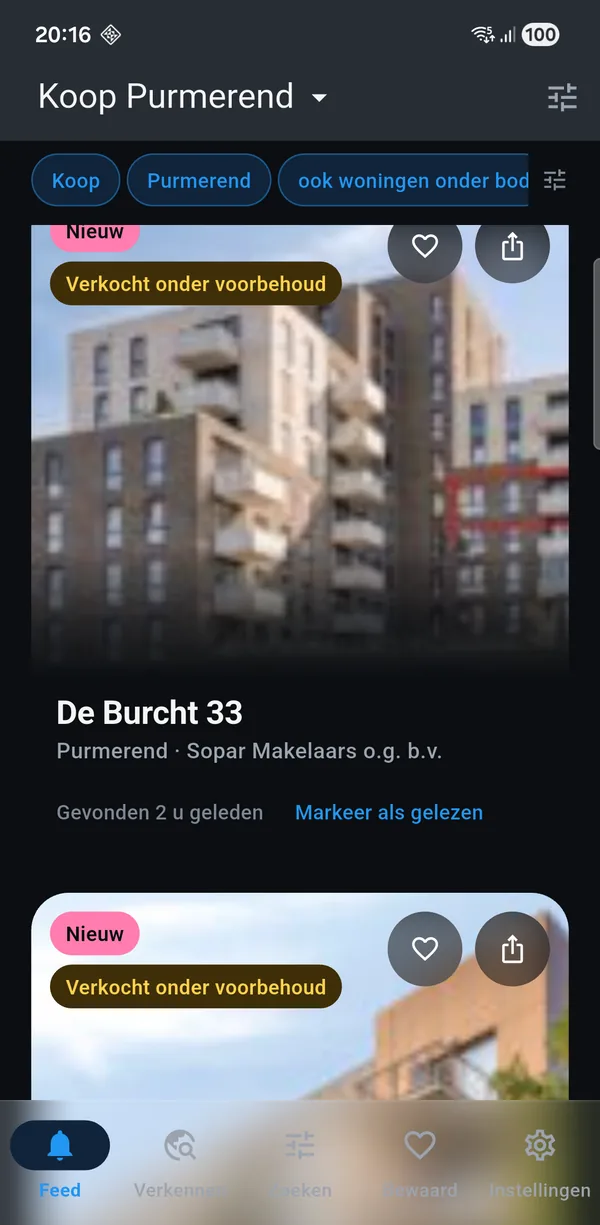 De app met een koop-zoekopdracht voor Purmerend: nieuwe woningen met vraagprijs, oppervlakte en het aantal kamers.