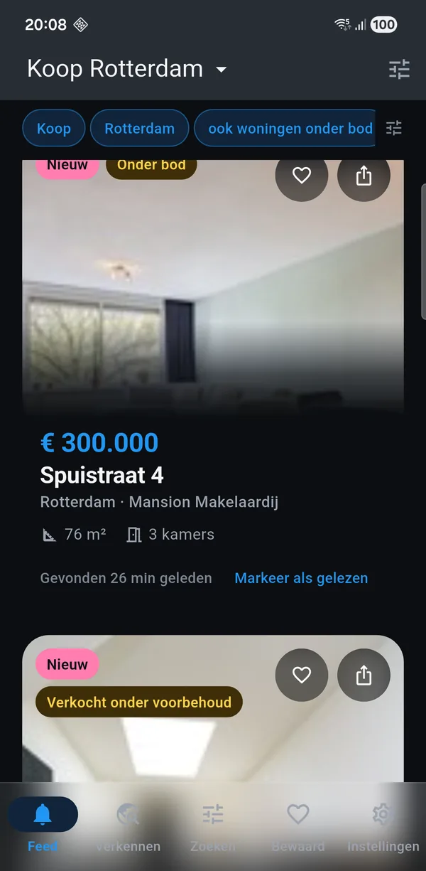 De app met een koop-zoekopdracht voor Rotterdam: nieuwe woningen met vraagprijs, oppervlakte en het aantal kamers.