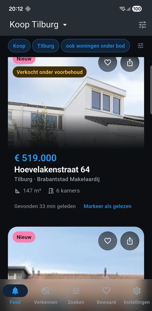 De app met een koop-zoekopdracht voor Tilburg: nieuwe woningen met vraagprijs, oppervlakte en het aantal kamers.