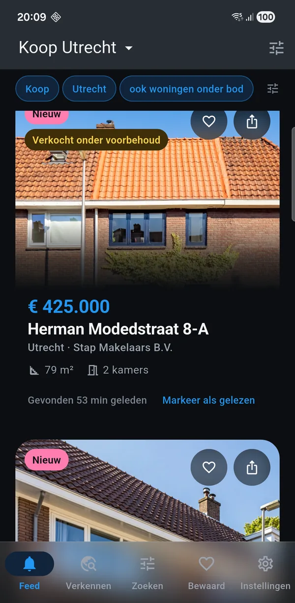 De app met een koop-zoekopdracht voor Utrecht: nieuwe woningen met vraagprijs, oppervlakte en het aantal kamers.