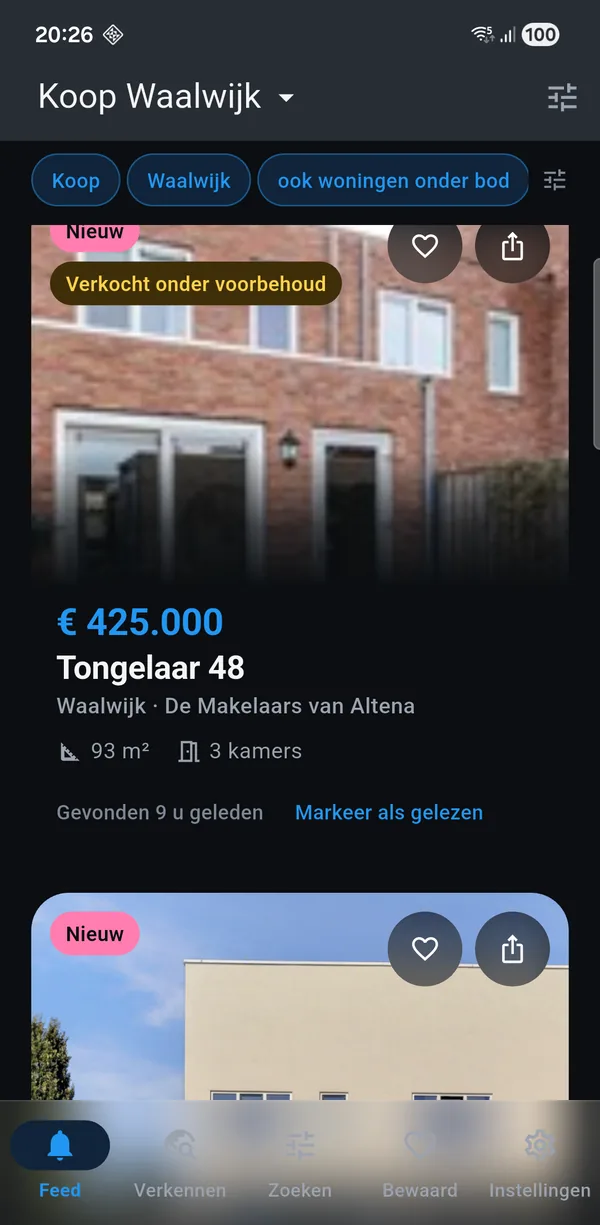 De app met een koop-zoekopdracht voor Waalwijk: nieuwe woningen met vraagprijs, oppervlakte en het aantal kamers.
