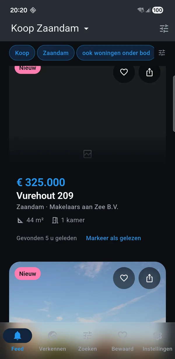 De app met een koop-zoekopdracht voor Zaandam: nieuwe woningen met vraagprijs, oppervlakte en het aantal kamers.