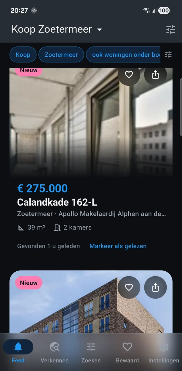 De app met een koop-zoekopdracht voor Zoetermeer: nieuwe woningen met vraagprijs, oppervlakte en het aantal kamers.